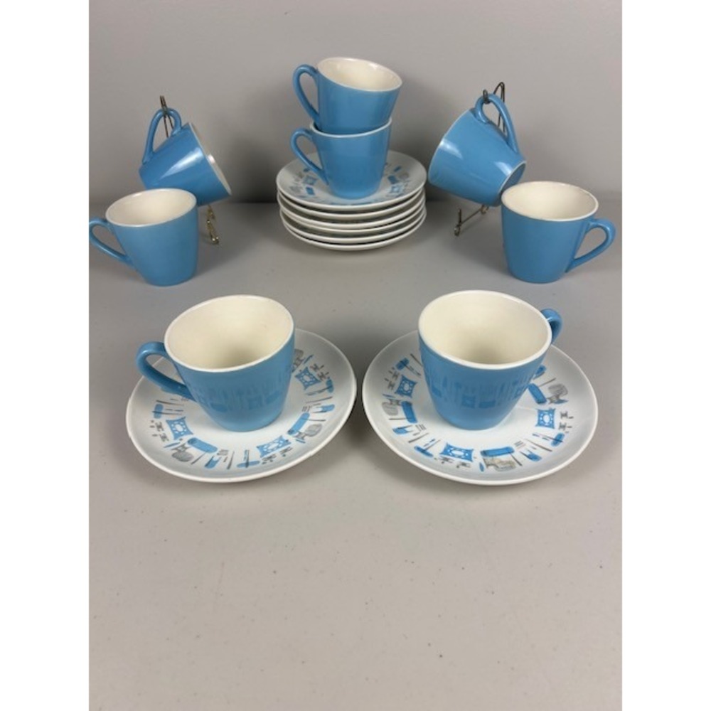 Vintage Mid Century Modern Atomic Kitchen Blue Tea Coffee Cup Saucer Set of Two - Picture 6 of 9